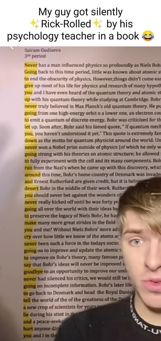 Student rickrolls his physics teacher inserting lyrics into paper on  quantum mechanics