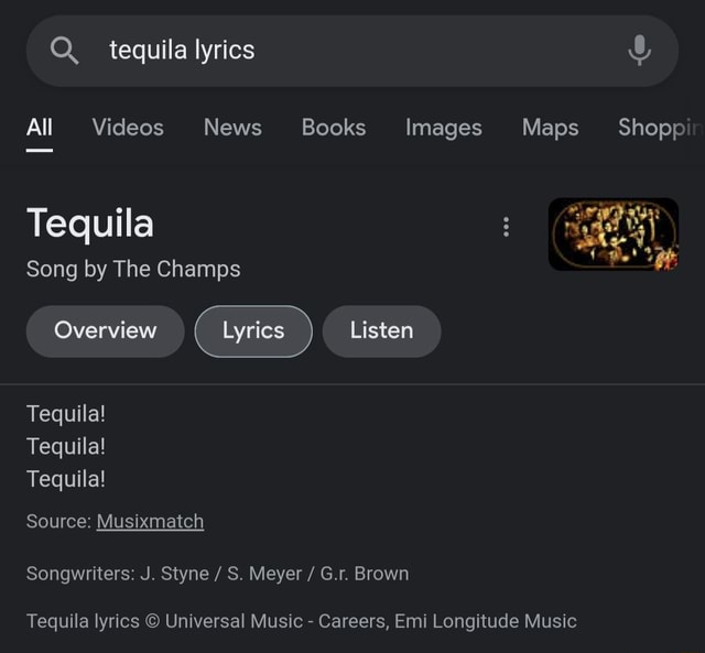 Tequila lyrics All Videos News Books Images Tequila Song by The Champs