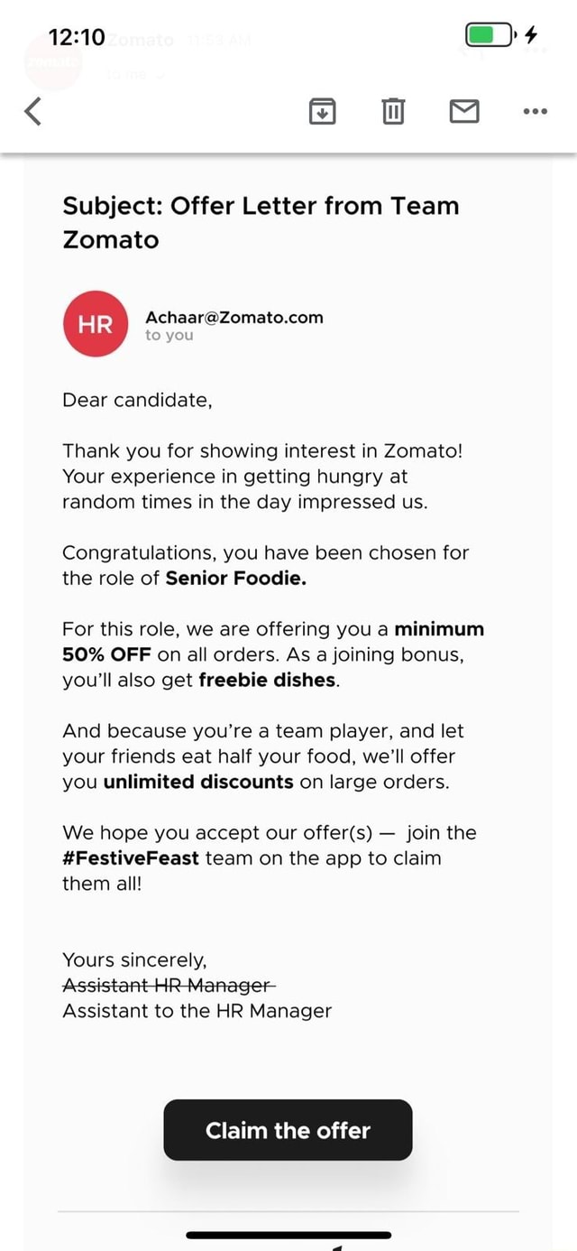 Subject Offer Letter from Team Zomato you Dear candidate, Thank you