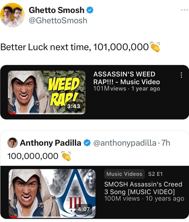 Ghetto Smosh @ @GhettoSmosh Better Luck next time, 101,000,000 ASSASSIN ...