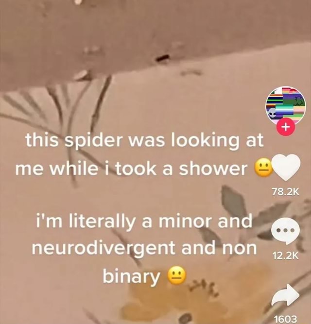 This spider was looking at me while i took a shower 78.2K i'm literally a  minor and neurodivergent and non binary 1603 - )