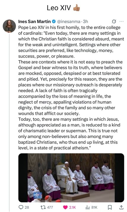 Leo XIV Ines San Martin inesanma Pope Leo XIV in his first homily, to ...