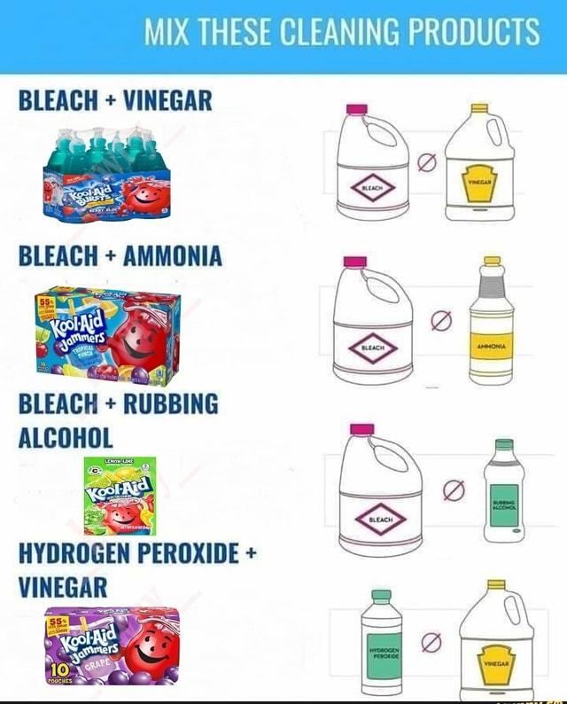 MIX THESE CLEANING PRODUCTS BLEACH + VINEGAR BLEACH + RUBBING ALCOHOL