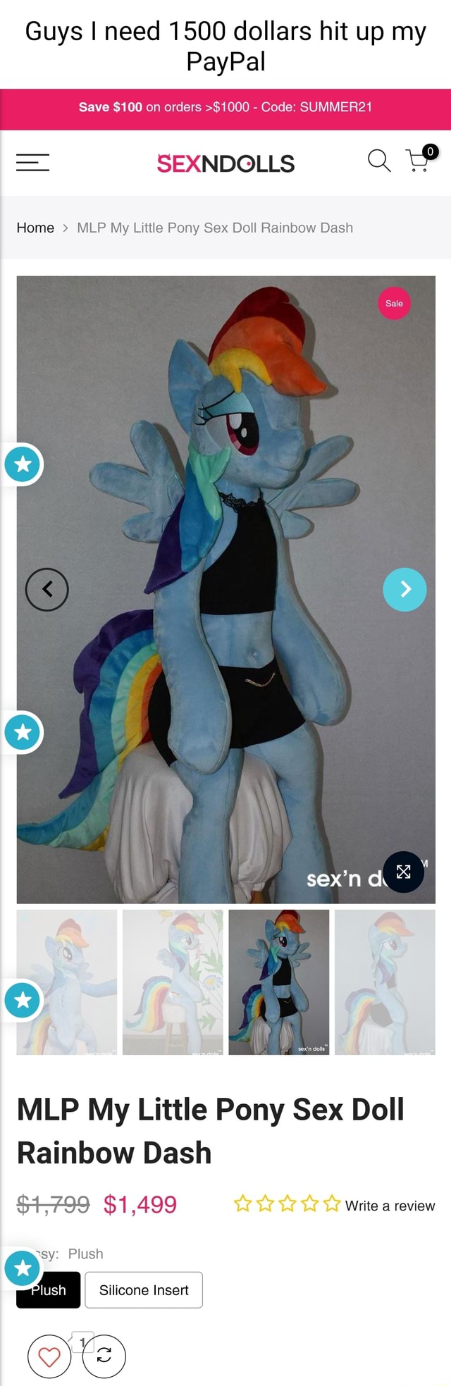 Guys I need 1500 dollars hit up my PayPal Save $100 on orders >$1000 -  Code: SUMMER21 SEXNDOLLS Home > MLP My Little Pony Sex Doll Rainbow Dash MLP  My Little Pony