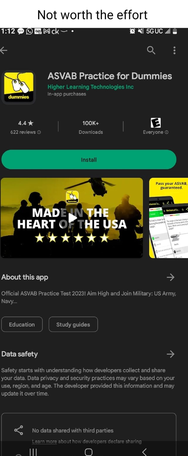 Not worth the effort 5GUC al = Q ASVAB Practice for Dummies Higher