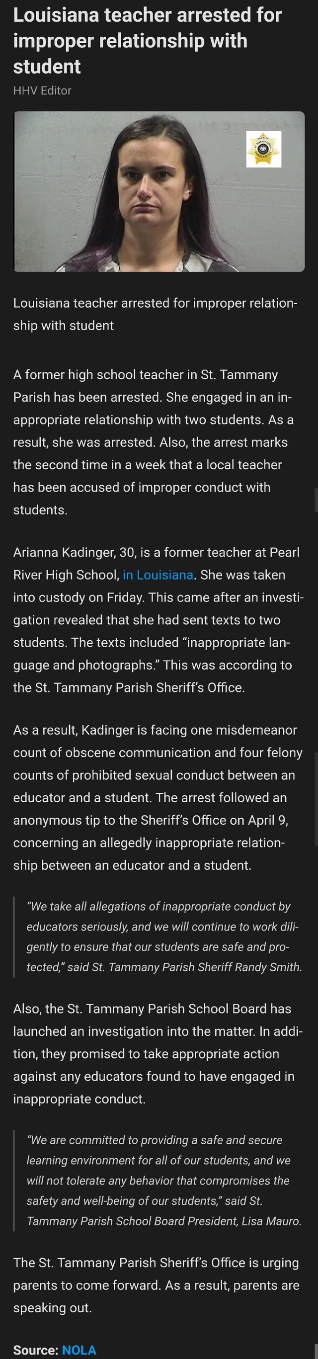 Louisiana teacher arrested for improper relationship with student HHV ...