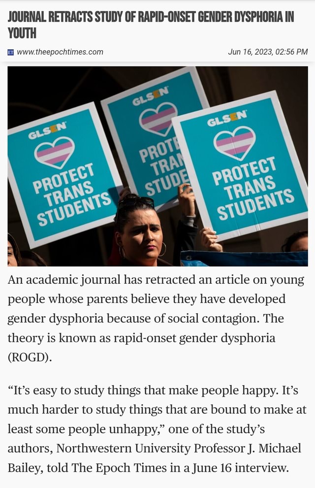 JOURNAL RETRACTS STUDY OF RAPIDONSET GENDER DYSPHORIA IN YOUTH www Jun