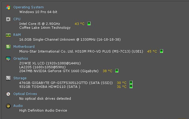 Operating System Windows 10 Pro 64 Bit Intel Core 2 90ghe Coffes Lake 14nm Technology Ram 16 0g8 Single Channel Unknown 1330mhz 16 18 18 38 Motherboard Micro Star International Co Ltd H310m Pro Vd Plus Ms 7c13 U3e1 45