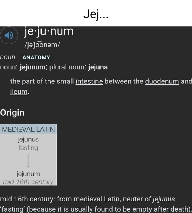 4) jejunum /jajoonam/ noun ANATOMY noun jejunum; plural noun jejuna