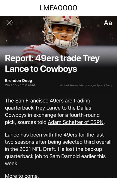 Lance traded to Cowboys, ESPN reports