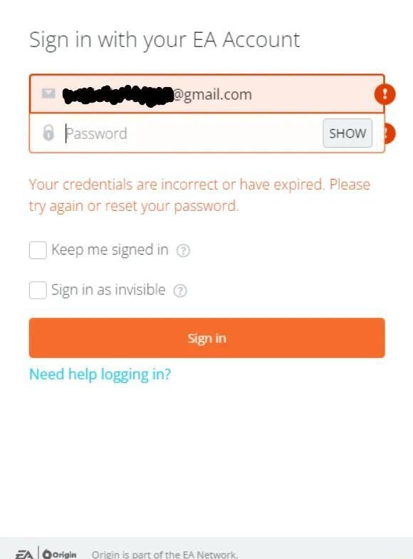 Sign in with your EA Account SHOW Your credentials are incorrect or ...