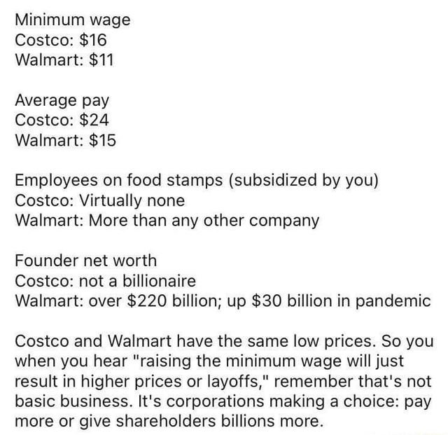Minimum wage Costco 16 Walmart 11 Average pay Costco 24 Walmart