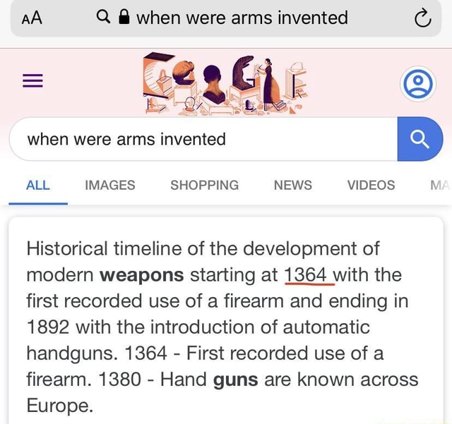 AA Q when were arms invented (E) Historical timeline of the development