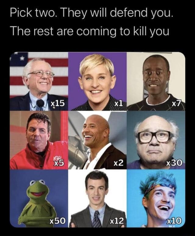 Pick two. They will defend you. The rest are coming to kill you - iFunny