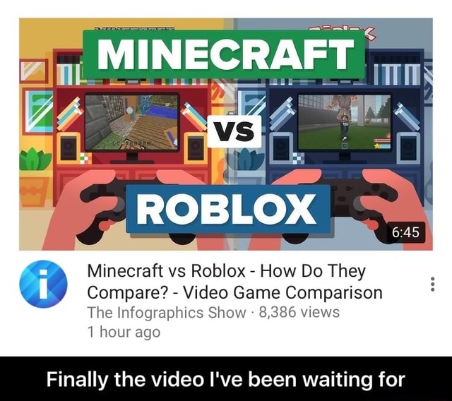 Minecraft Vs Roblox How Do They Compare Video Game Comparison The Infographics Show 8 386 Views 1 Hour Ago Finally The Video I Ve Been Waiting For Finally The Video I Ve - roblox vs minecraft videos