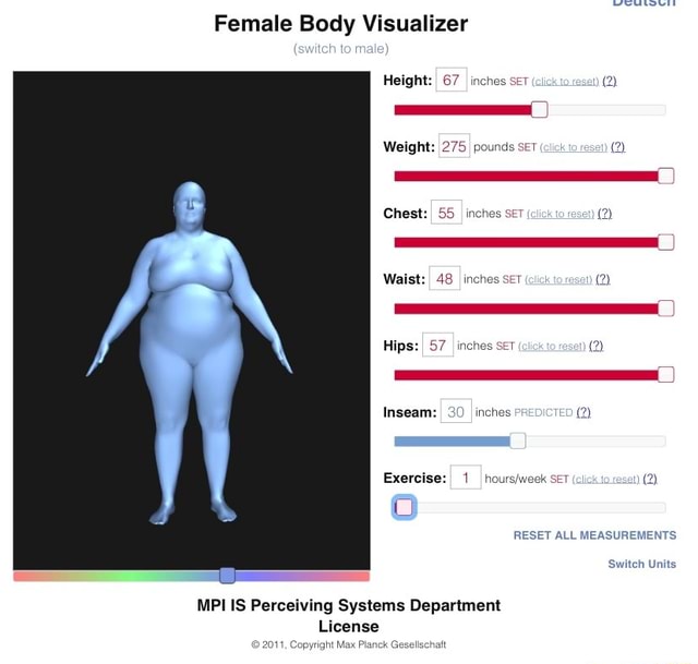 Female Body Visualizer to Height: 67 inches set Weight: 275 pounds seT ...