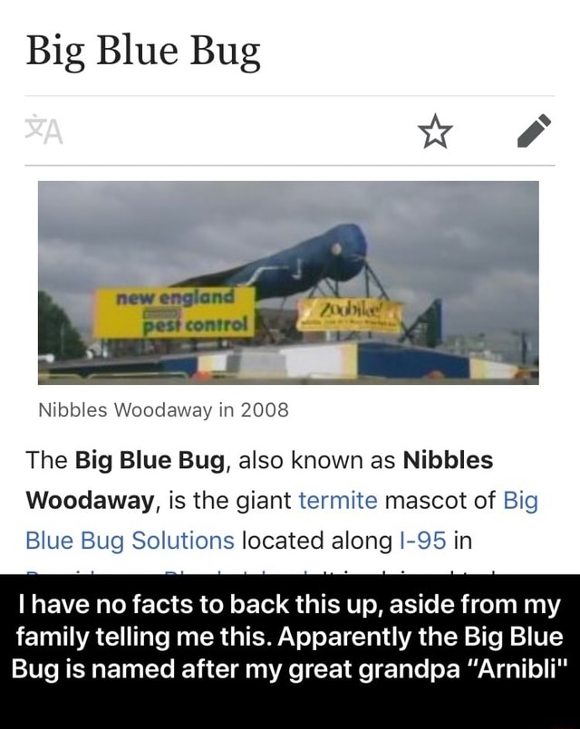 Big Blue Bug Nibbles Woodaway in 2008 The Big Blue Bug, also known as