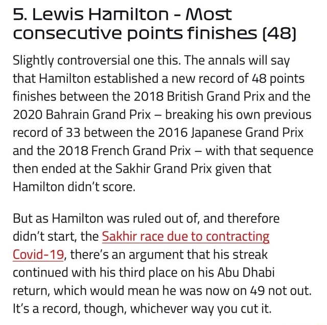 5. Lewis Hamilton - Most Consecutive Points Finishes (48) Slightly ...