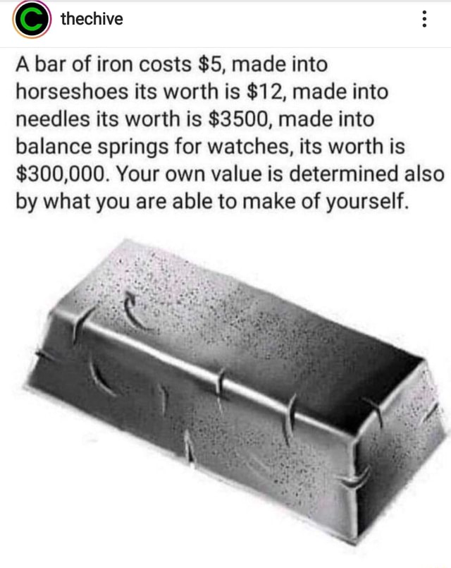 A Bar Of Iron Costs 5 Made Into Horseshoes Its Worth Is 12 Made Into Needles Its Worth Is 3500 Made Into Balance Springs For Watches Its Worth Is 300 000 Your Own