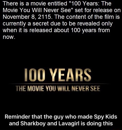 There Is A Movie Entitled 100 Years The Movie You Will Never See Set For Release On November 8 2115 The Content Of The ﬁlm Is Currently A Secret Due To Be