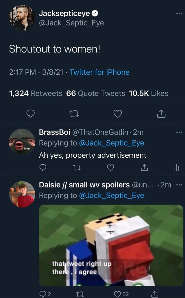 5 Jacksepticeye Shoutout To Women Pm Twitter For Iphone 1 324 66 10 5k Brassboi Thatonegailin Replying To Jack Septic Eye Ah Yes Property Advertisement Tl Daisie Small Wv Spoilers Un Replying To