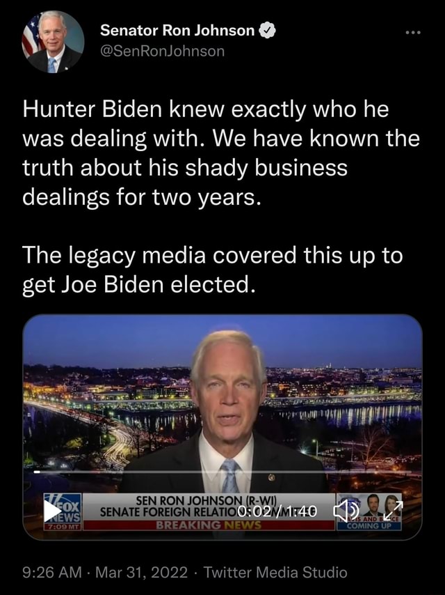 Senator Ron Johnson @ \ @SenRonJohnson Hunter Biden knew exactly who he ...