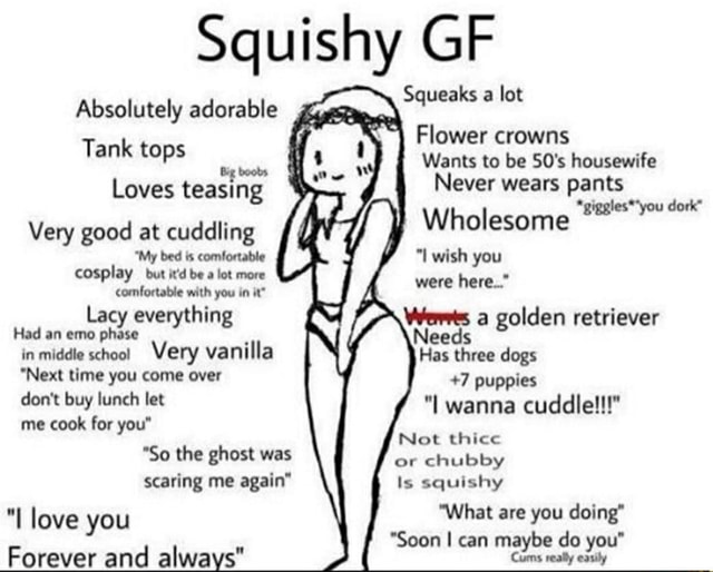 Squishy Gf Gi Squeaks A Lot Flower Crowns Wants To Be 50 S Housewife Never Wears Pants Absolutely Adorable Tank Tops Big Boobs Loves Teasing Giggles You Dork Very Good At Cuddling A Wholesome