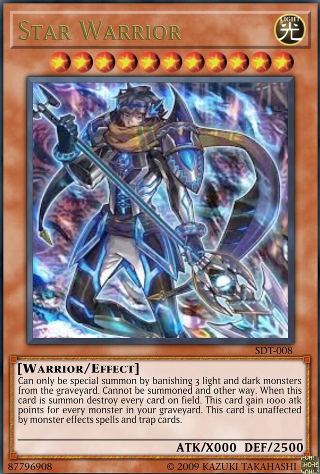 STAR WARRIOR I I Can only be special summon by banishing 3 light and dark  monsters I I from the graveyard. Cannot be summoned and other way. When  this I I card