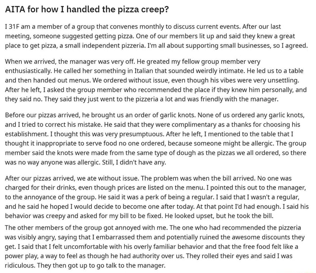 AITA for how I handled the pizza creep? 131F am a member of a group