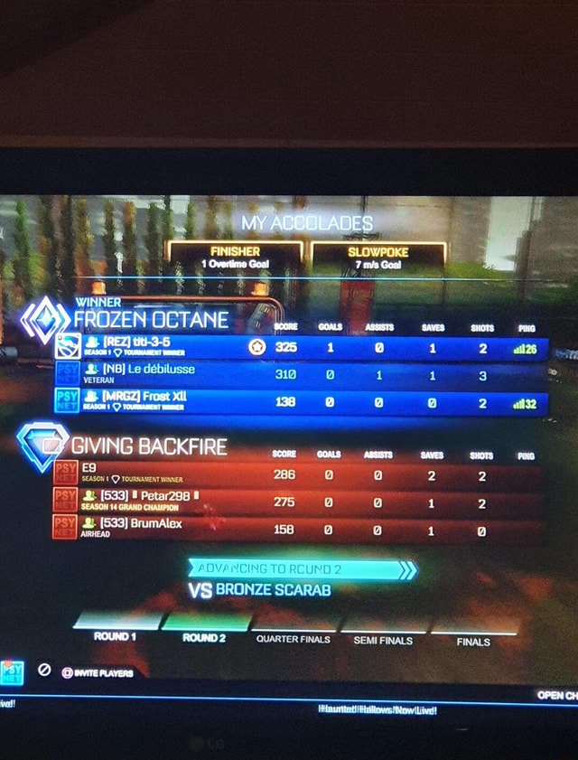 MY ACCOLADES f =INISHE } SLOWPOKS 4] Overtime Goal FROZEN OCTANE