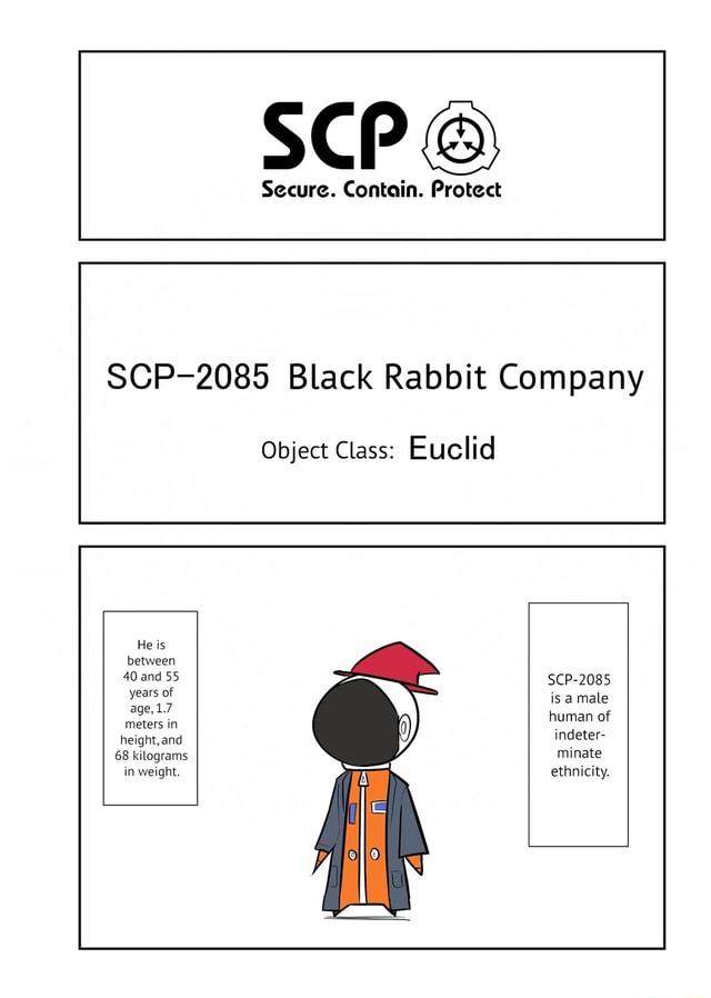 Scp Secure Contain Protect Scp 85 Black Rabbit Company Object Class Euclid He Is Between 40 And 55 Scp 85 Is A Male Age 1 1 7 Meters In Human Of Height And Indeter 68