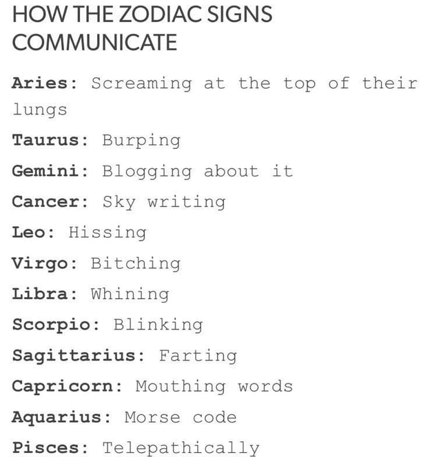 HOW THE ZODIAC SIGNS COMMUNICATE Aries: Screaming at the top of their ...