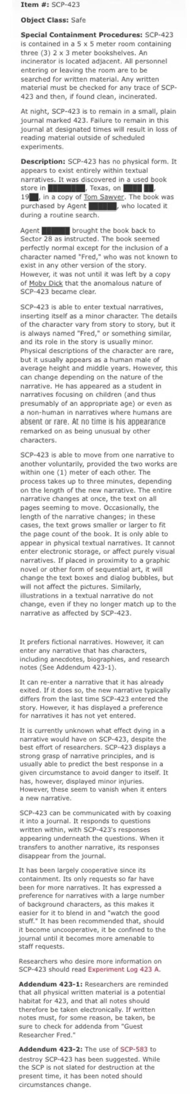 Item Scp 423 Object Class Safe Spedal Contalnment Procedures Scp 423 Is Contained In A 5 X 5 Meter Room Containing Three 3 2 X 3 Meter Bookshelves An Inclnerator Is Located Adjacent