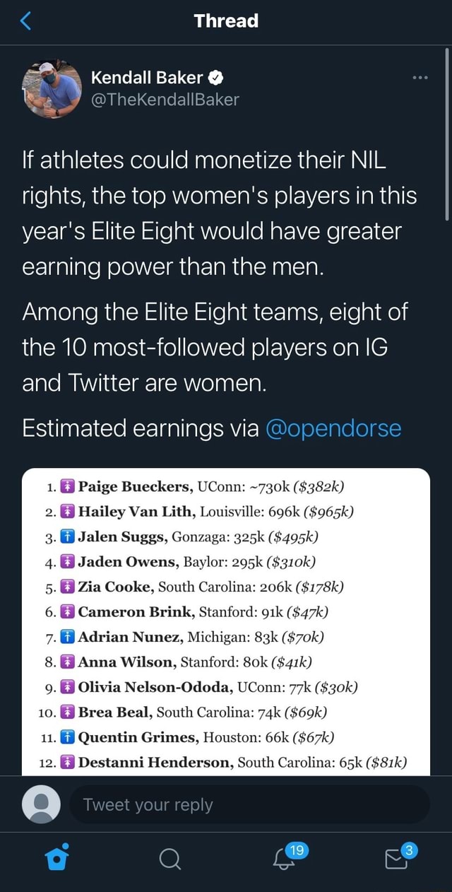 Thread Kendall Baker @ @ThekendallBaker If athletes could monetize their  NIL rights, the top women's players in