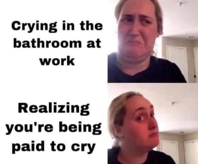 Crying in the bathroom at work Realizing you're being paid to cry )