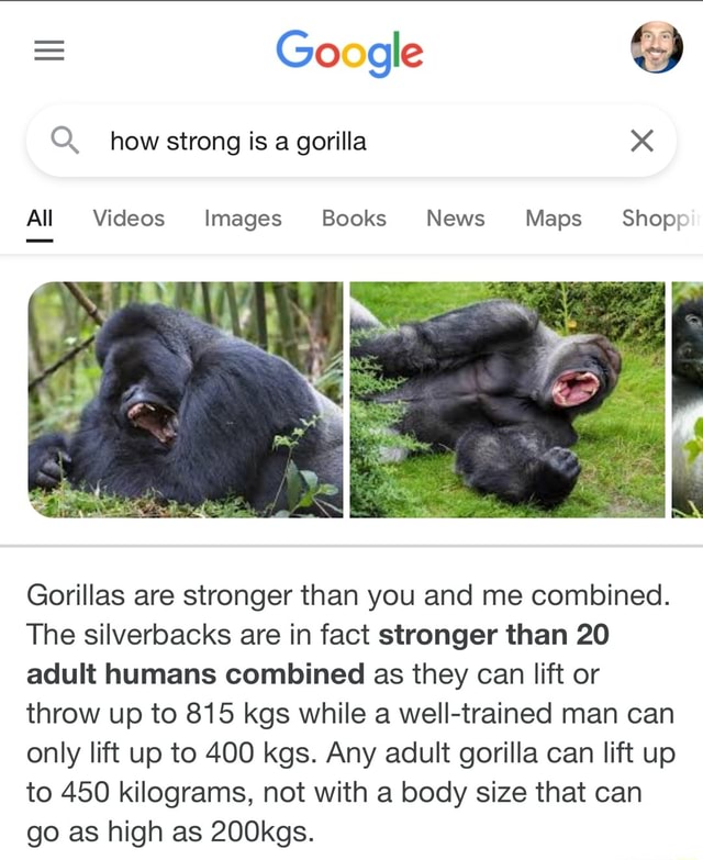 Google how strong is a gorilla All Videos Images Books News Maps Shop