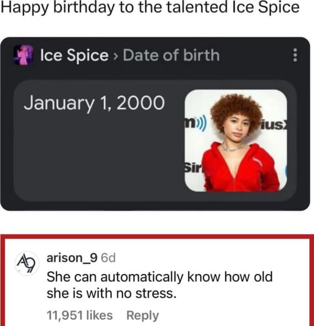 Happy birthday to the talented Ice Spice Ice Spice > Date of birth