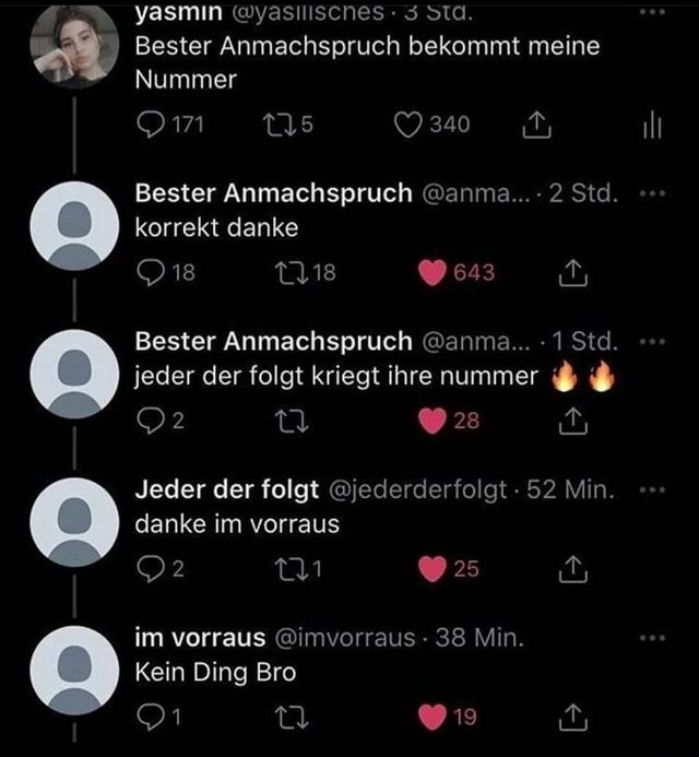 Yasmn wyasiliscnes Bester Anmachspruch bekommt meine Nummer 5 Bester