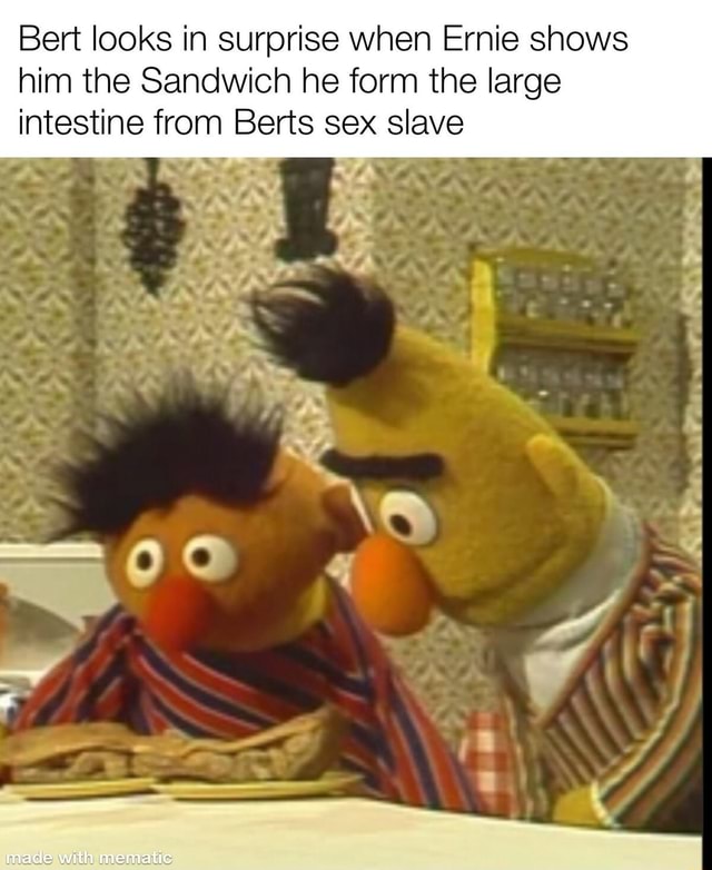Bert Looks In Surprise When Ernie Shows Him The Sandwich He Form The Large Intestine From Berts