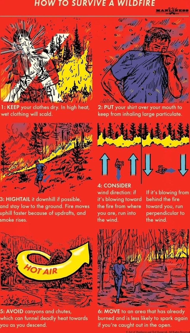 HOW SURVIVE A WILDFIRE 1 KEEP your clothes dry. In high heat, wet clothing will scald. 3