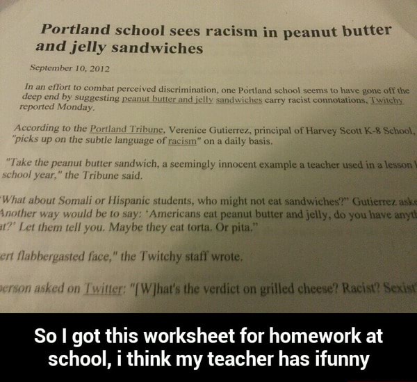 Portland school sees racism in peanut butter and jelly sandwiches