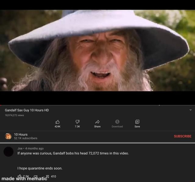 Gandalf Sax Guy 10 Hours HD. 18,974,272 views ia) A 424k 7.3k Share Download Save 10 Hours