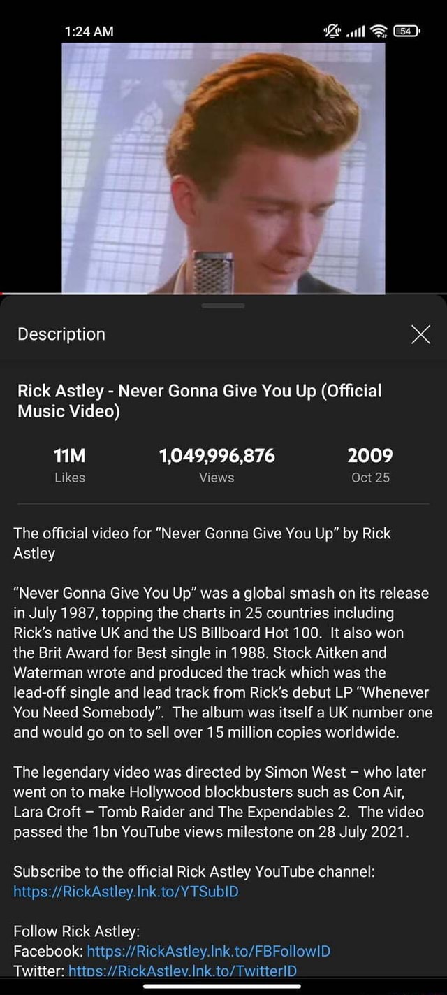 Rick Astley's 'Never Gonna Give You Up' Passes 1B Views – Billboard