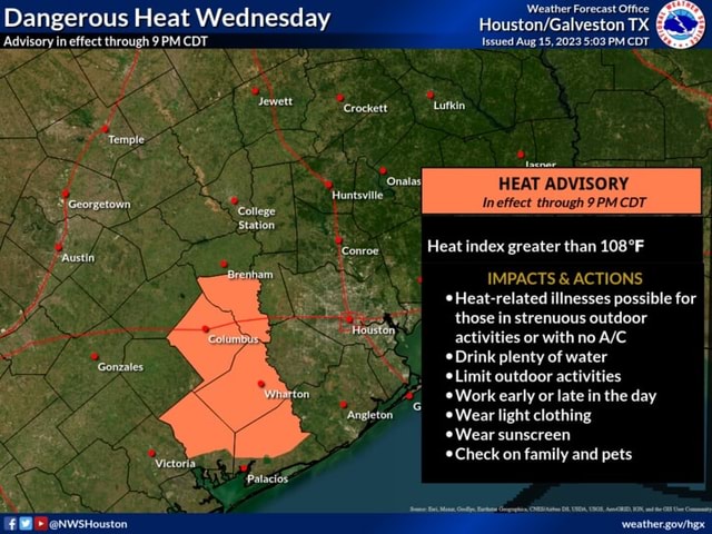 Weather Forecast Office Dangerous Heat Wednesday TX Advisory in effect ...
