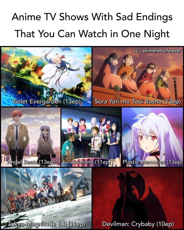 Anime TV Shows With Sad Endings That You Can Watch in One Night IG I  .forever Violet Evergarden (13ep) Sora Yori mo Tooi Basho (13ep) BB, Wes  Angel (13ep) Anohana (11ep) Plastic