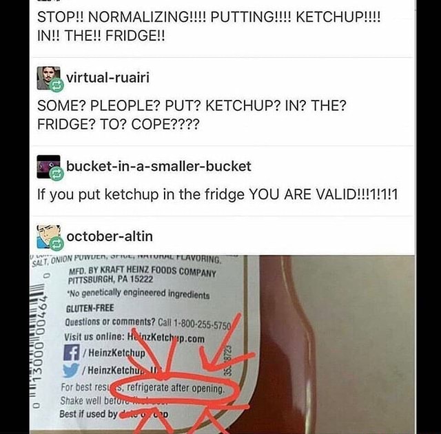 STOP!! NORMALIZING!!! PUTTING!!! KETCHUP!!! IN!! THE! FRIDGE! SOME