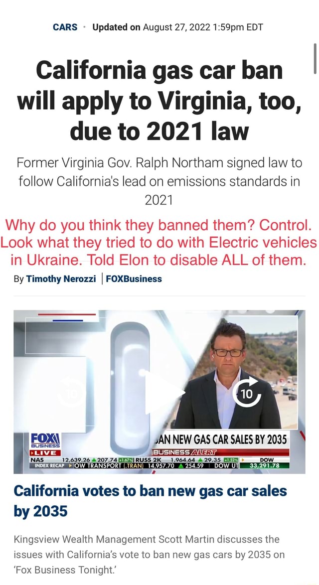 CARS Updated On August 27 2022 EDT California Gas Car Ban I Will Apply To Virginia Too Due To