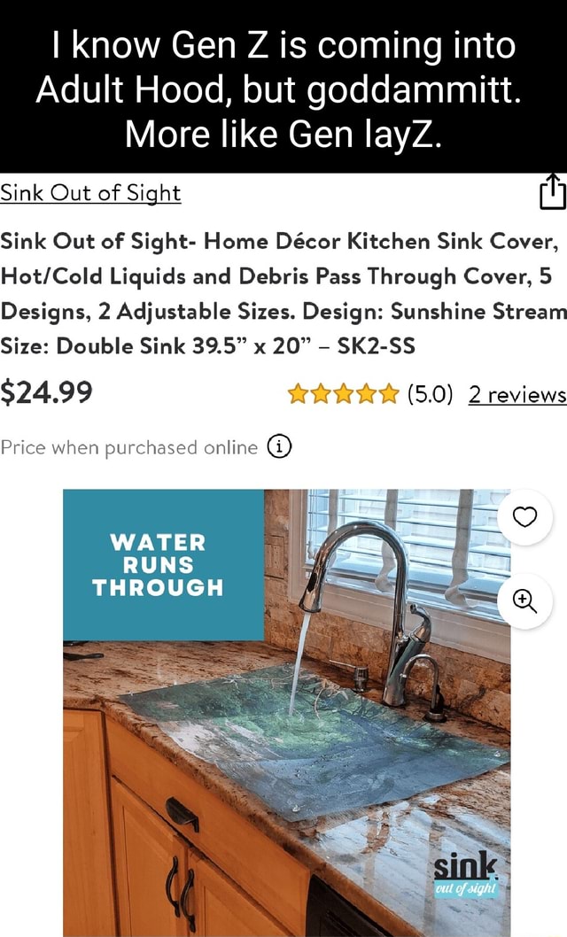 Sink Out of Sight- Home Decor Kitchen Sink Cover, Hot/Cold Liquids and  Debris Pass Through Cover, adjustable, 2 sizes. Design: Single Sunshine  Stream