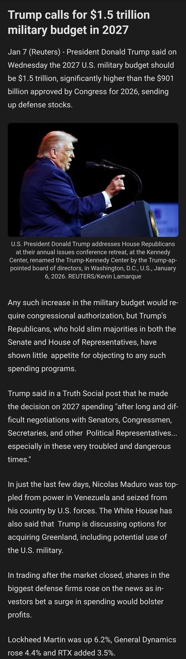 Trump calls for $1.5 trillion military budget in 2027 Jan 7 (Reuters ...