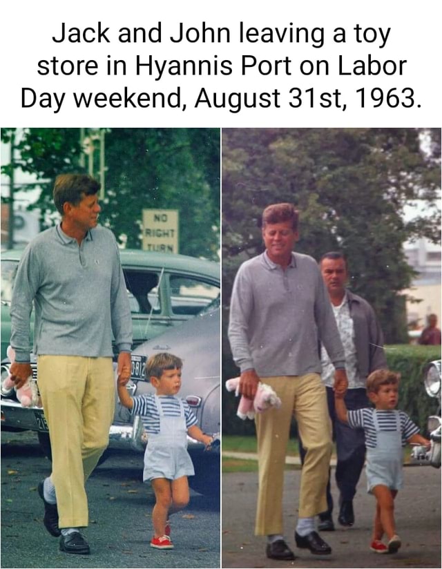 Jack and John leaving a toy store in Hyannis Port on Labor Day weekend